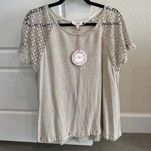 Umgee Cream Blouse with Lace Short Sleeves